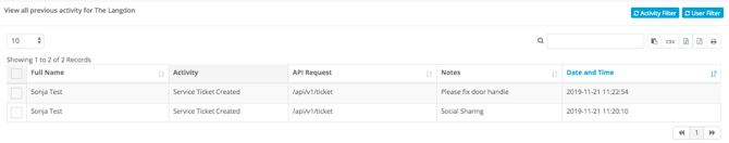 activity log - activity filter - service tickets applied