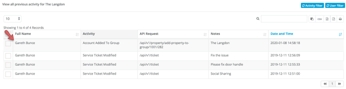 activity log - user filter - user filter applied